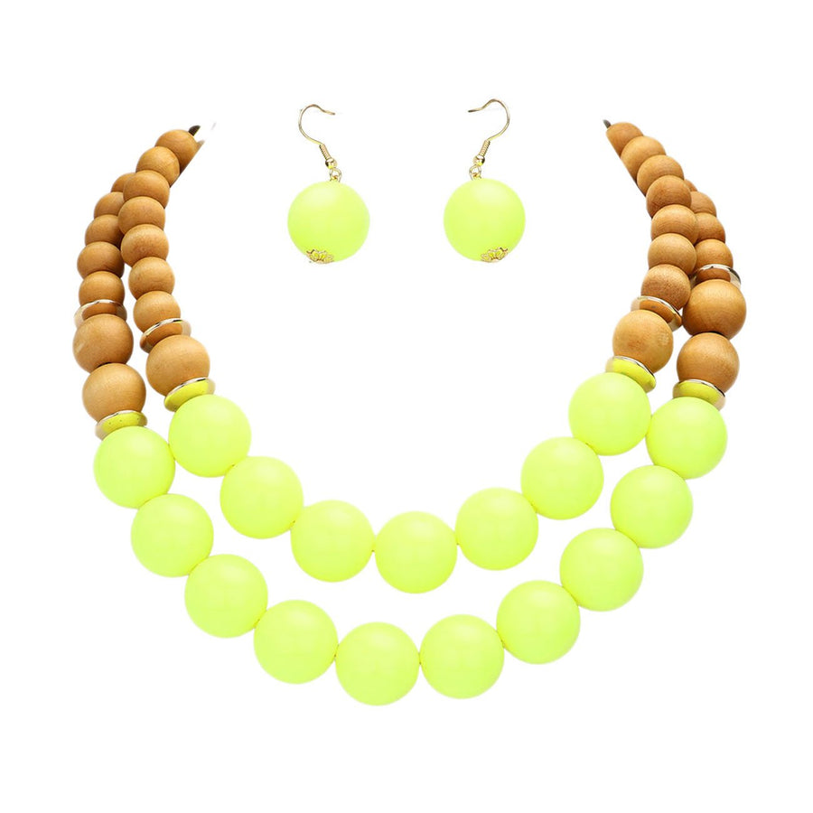 Lovely Double Strand Neon Green Wood Balls Necklace Earrings Set