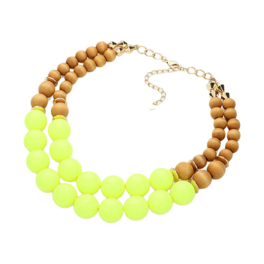 Lovely Double Strand Neon Green Wood Balls Necklace Earrings Set