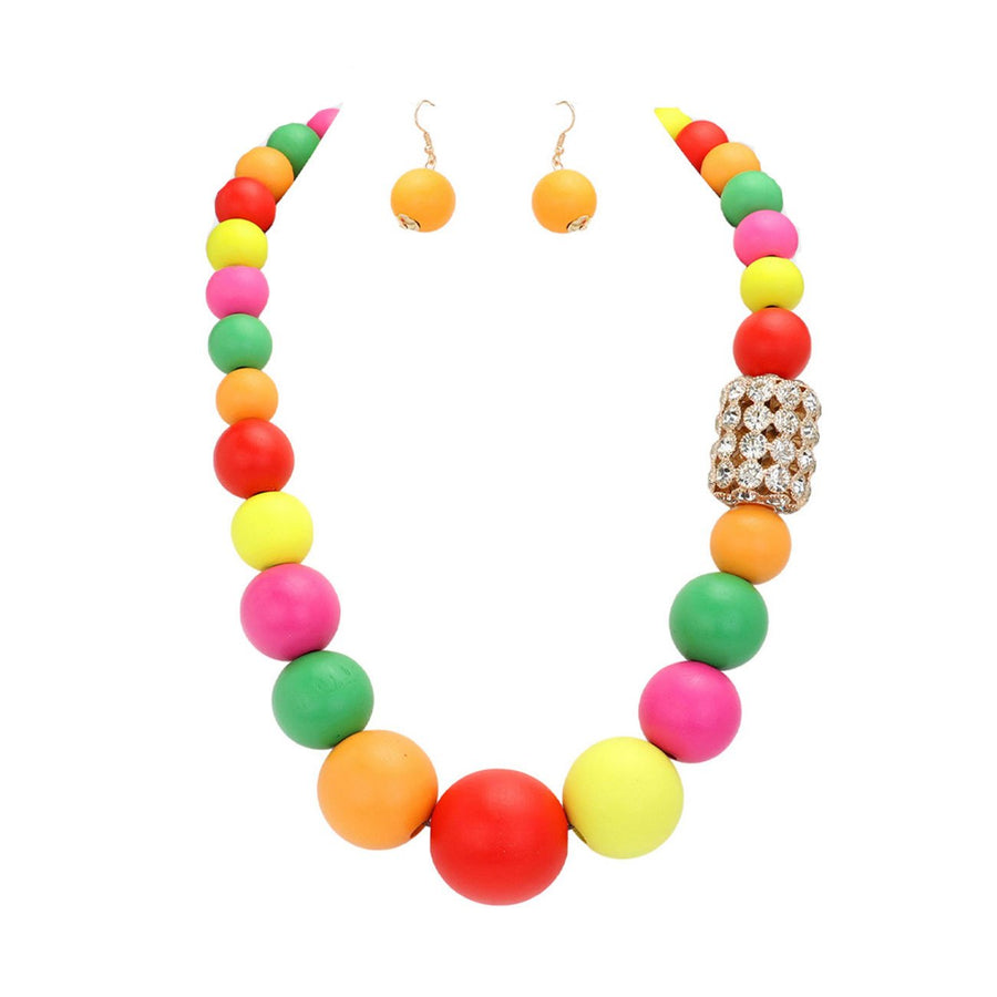 Colorful Oversized Wood Rhinestone Statement Necklace Set