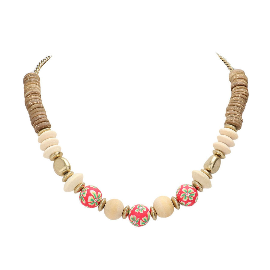 Red Floral Pattern Ball Wood Necklace