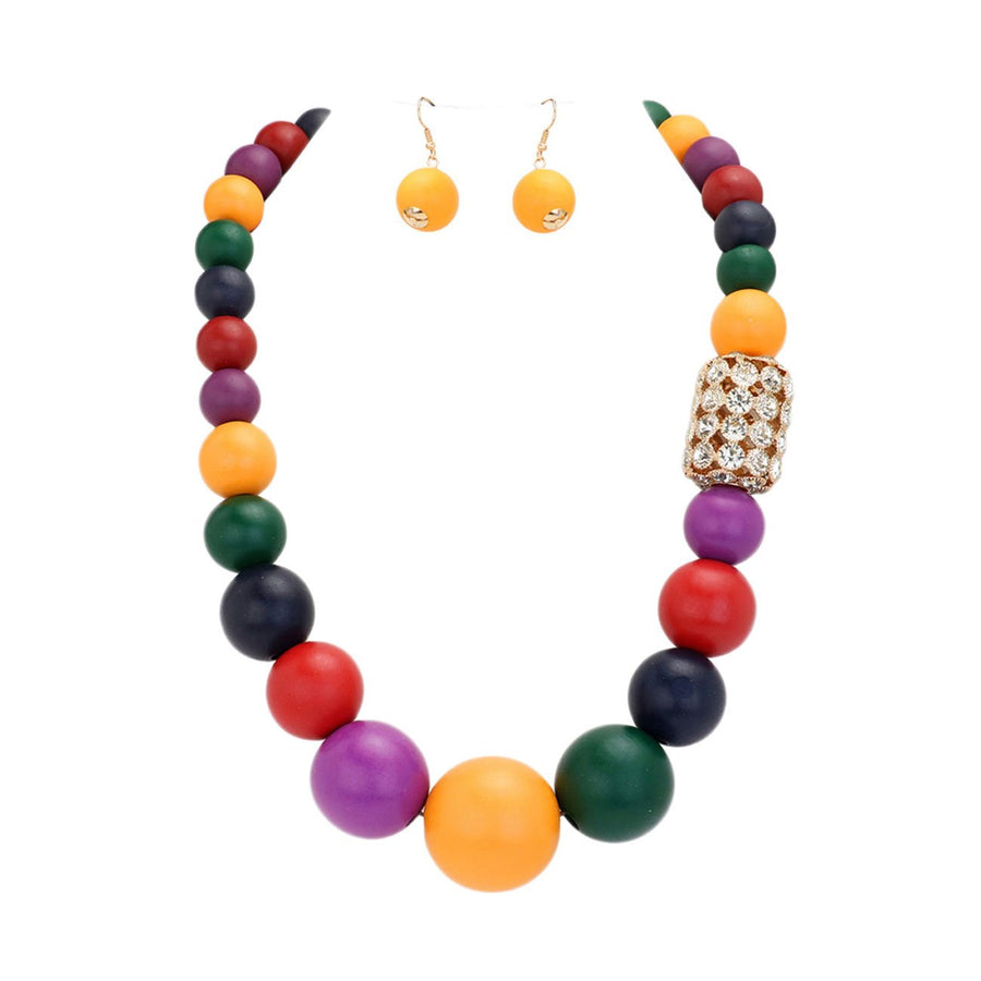 Colorful Oversized Wood Rhinestone Statement Necklace Set