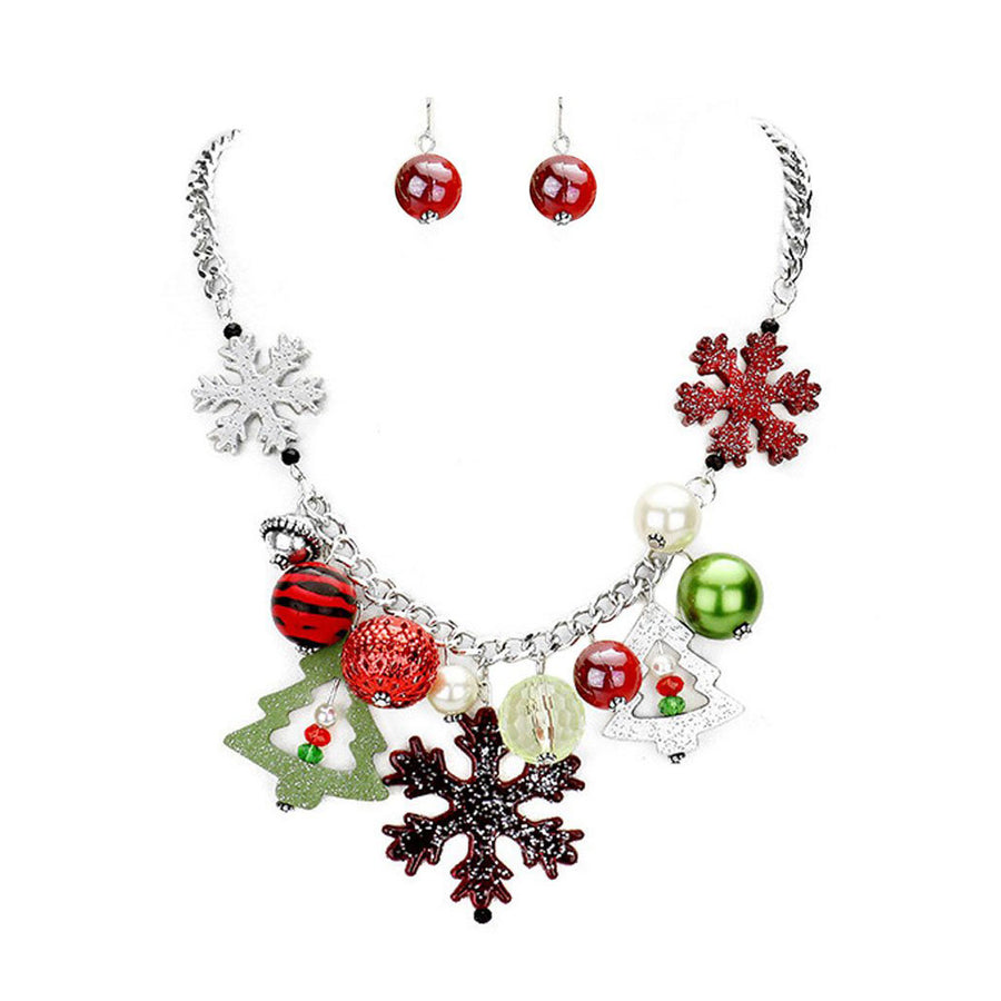 Holiday Snowflake Christmas Tree Charm Necklace Set