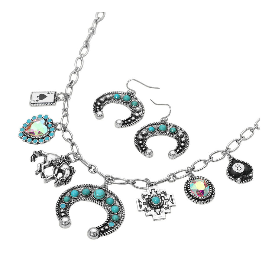 Western Stone Stud Horseshoe Heart Card Charm Station Earring Necklace Set