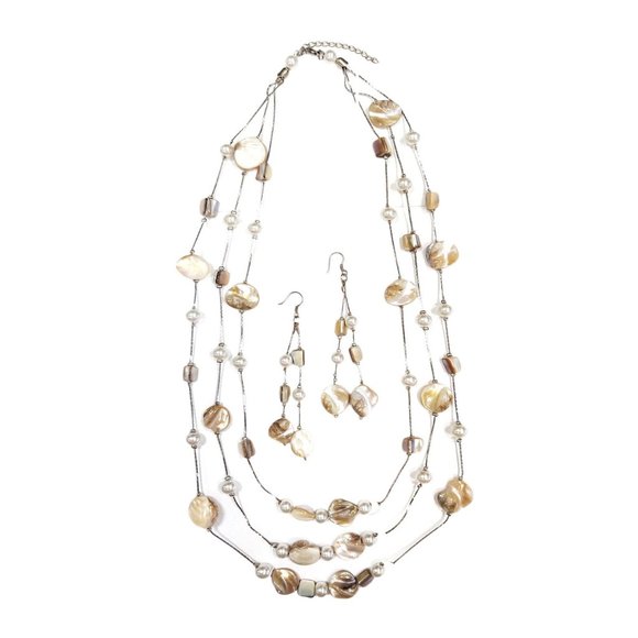 Romantic Long Tri Strand Genuine Shell Pearly Necklace Set