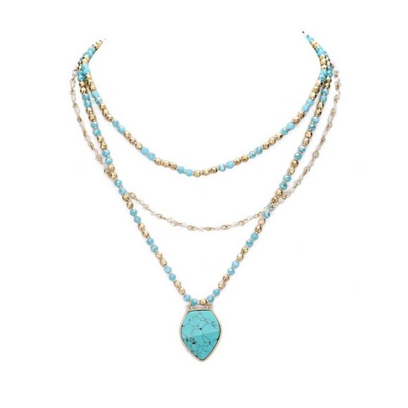 Multi Strand Turquoise Blue Beaded Link Necklace