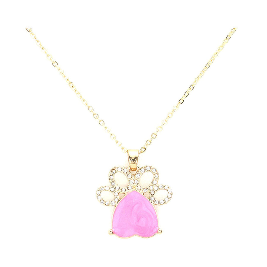 Glittering Pink Heart Pointed Paw Pendant Necklace