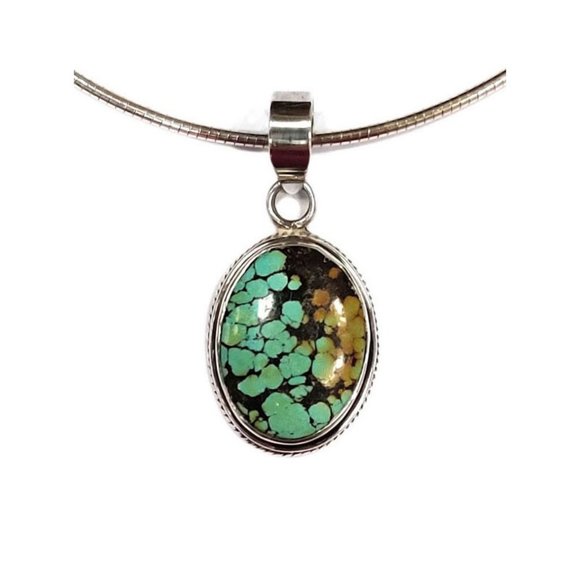 OVAL GENUINE TURQUOISE STERLING SILVER PENDANT NECKLACE