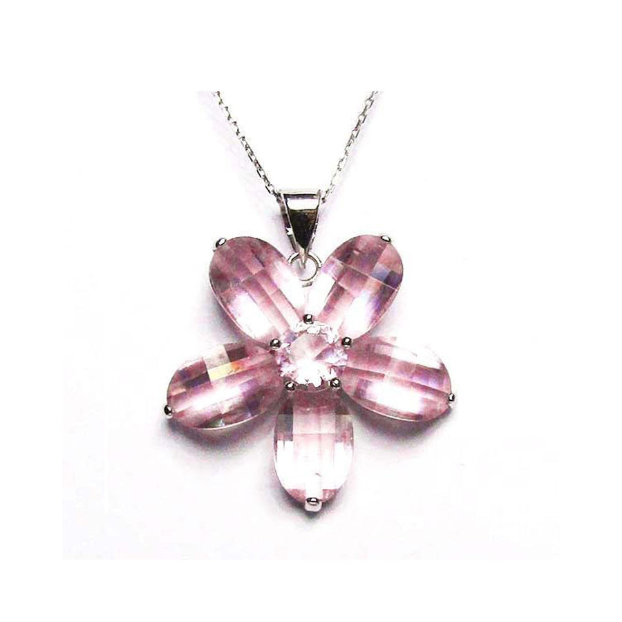 PRECIOUS PINK QUARTZ FLORAL STERLING SILVER PENDANT NECKLACE