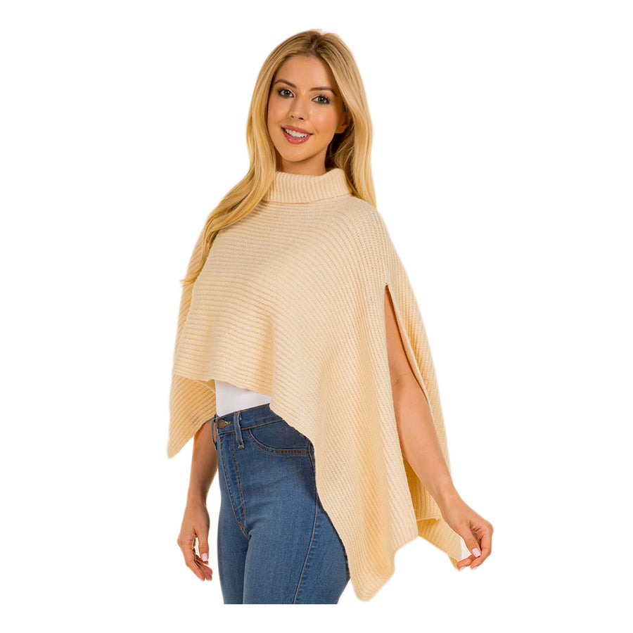 Tan Mock Neck Ribbed Knit Asymmetrical Cape Poncho