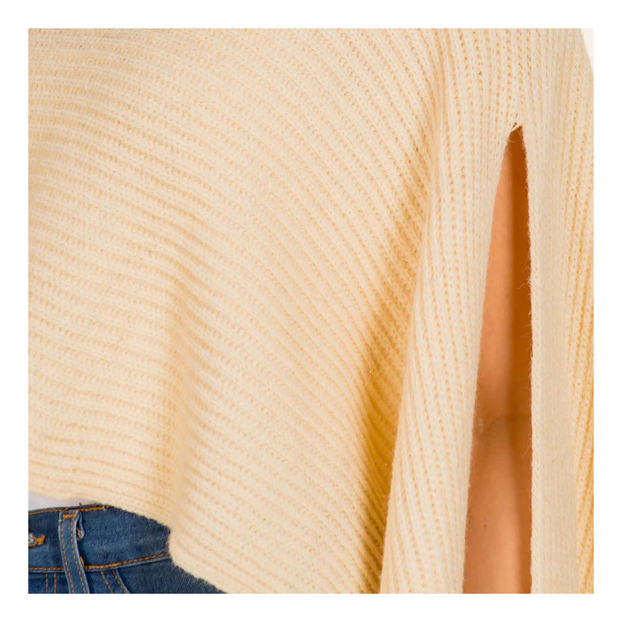 Tan Mock Neck Ribbed Knit Asymmetrical Cape Poncho