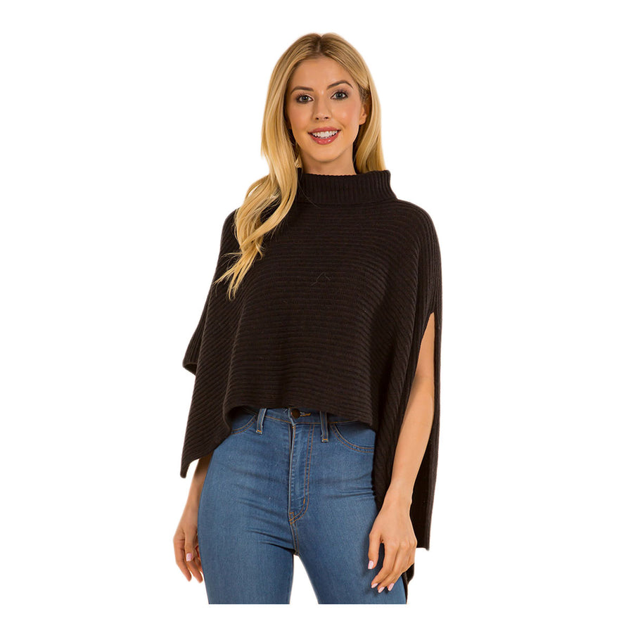 Tan Mock Neck Ribbed Knit Asymmetrical Cape Poncho