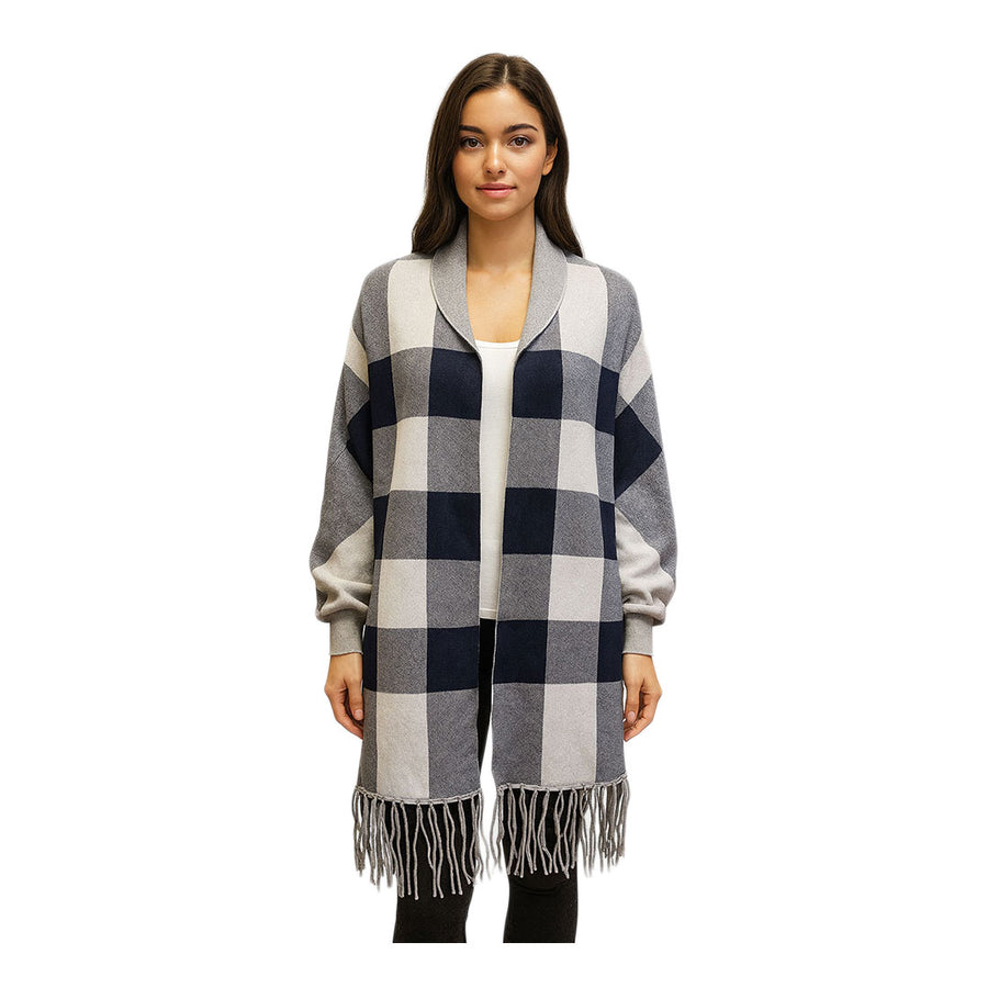 Beige Checker Pattern Fringe Trim Shawl Poncho