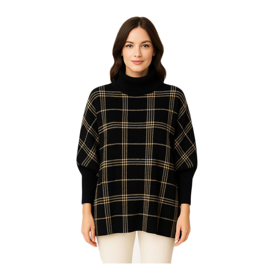 Mustard Checkered Turtleneck Knit Poncho
