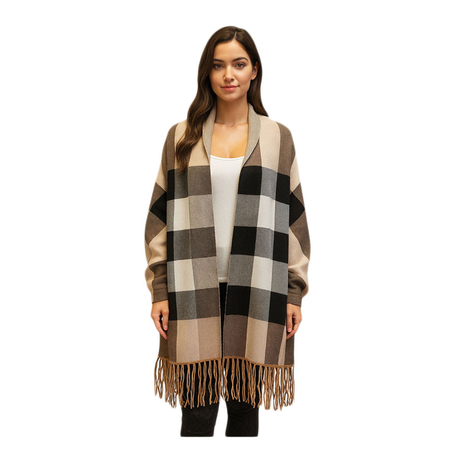 Beige Checker Pattern Fringe Trim Shawl Poncho