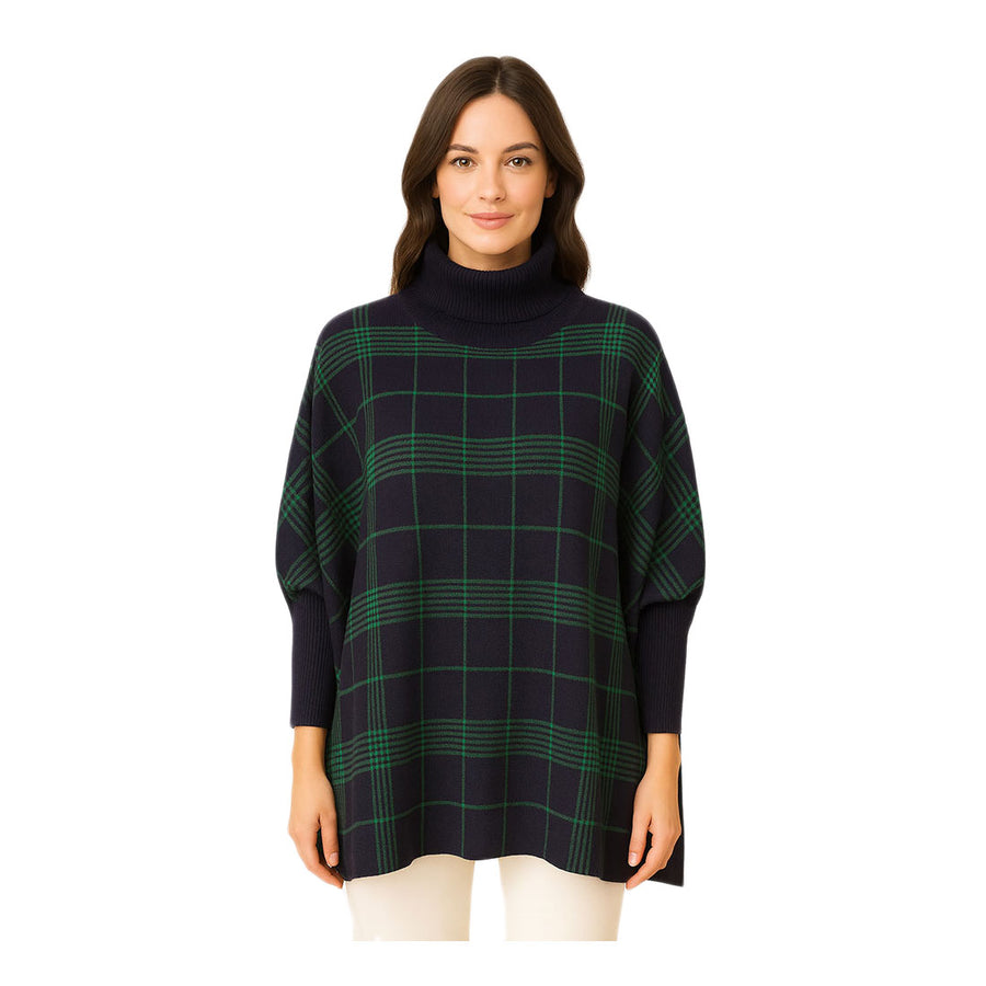 Mustard Checkered Turtleneck Knit Poncho