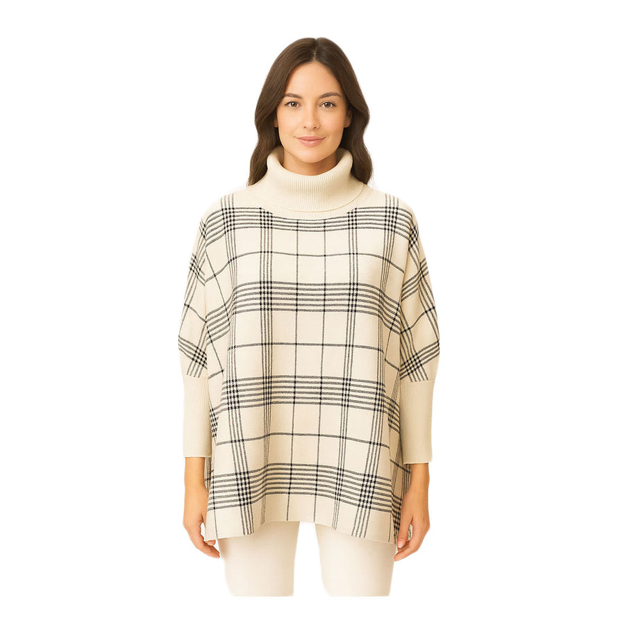Mustard Checkered Turtleneck Knit Poncho