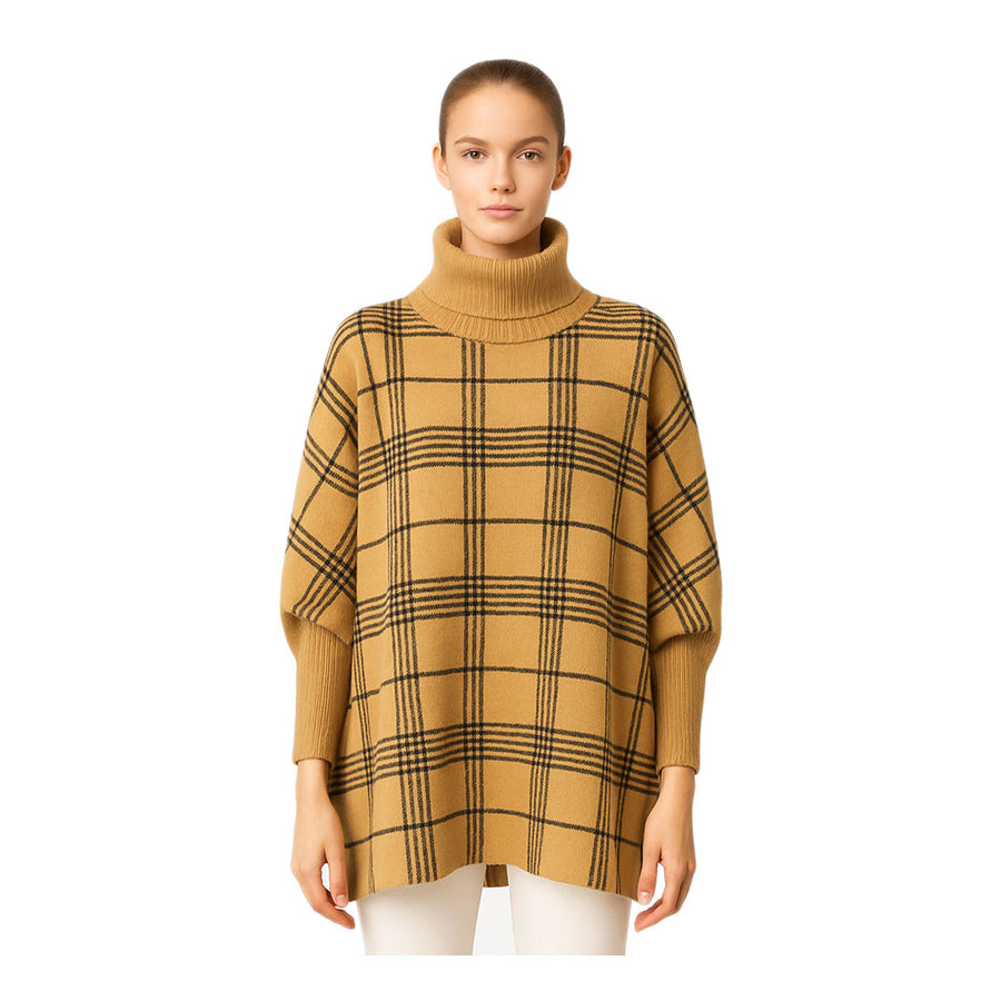 Mustard Checkered Turtleneck Knit Poncho