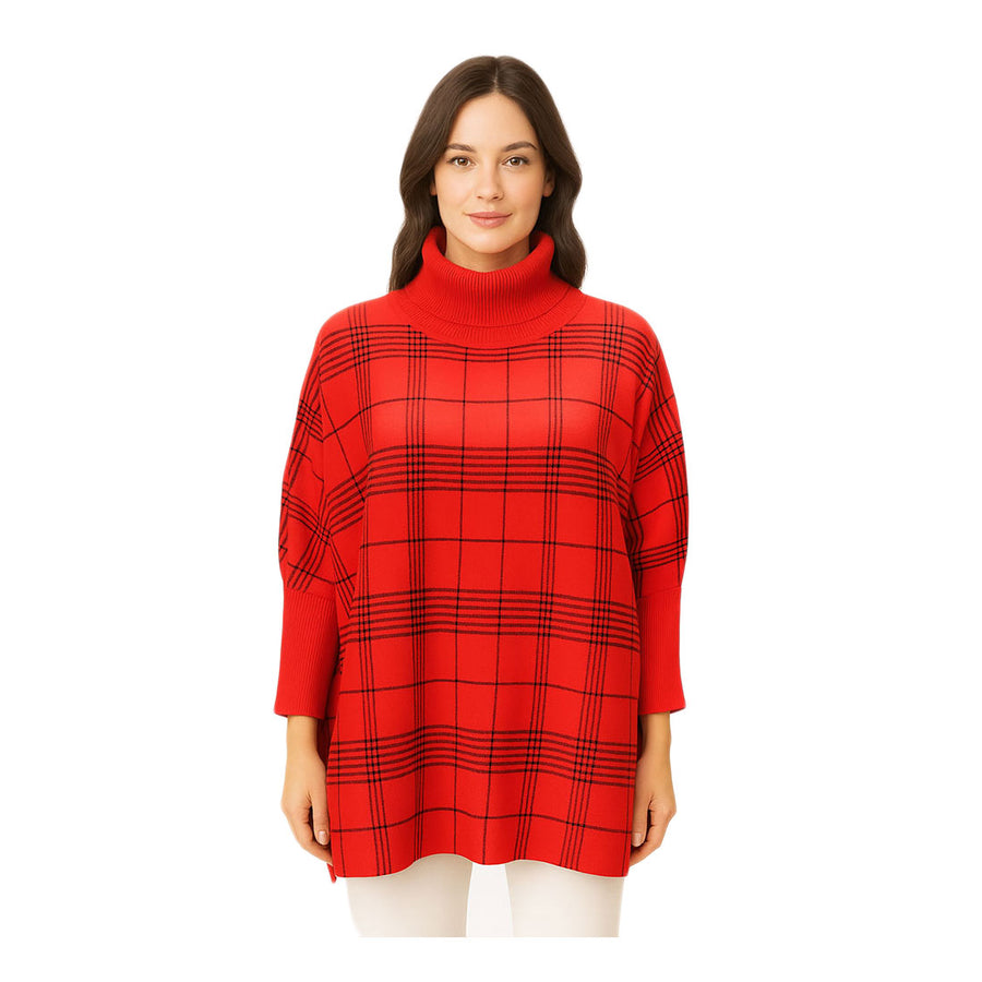 Mustard Checkered Turtleneck Knit Poncho