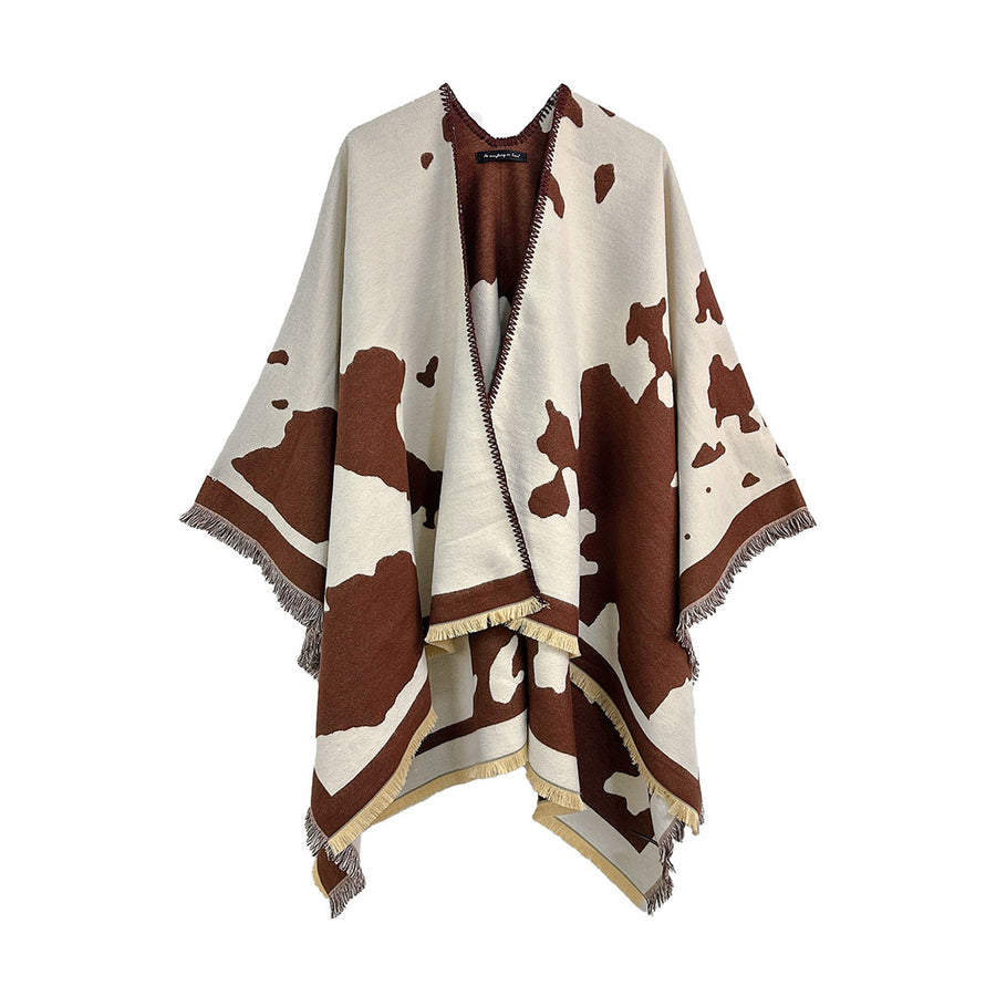 Brown Cow Pattern Print Ruana Poncho