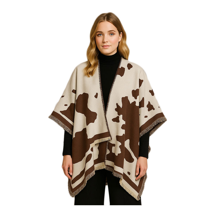 Brown Cow Pattern Print Ruana Poncho