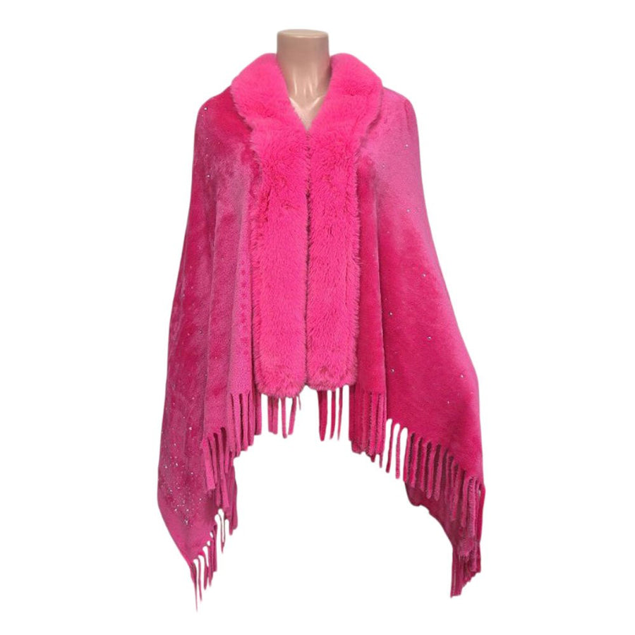 Burgundy Rhinestone Embellished Fringe Faux Fur Poncho Wrap