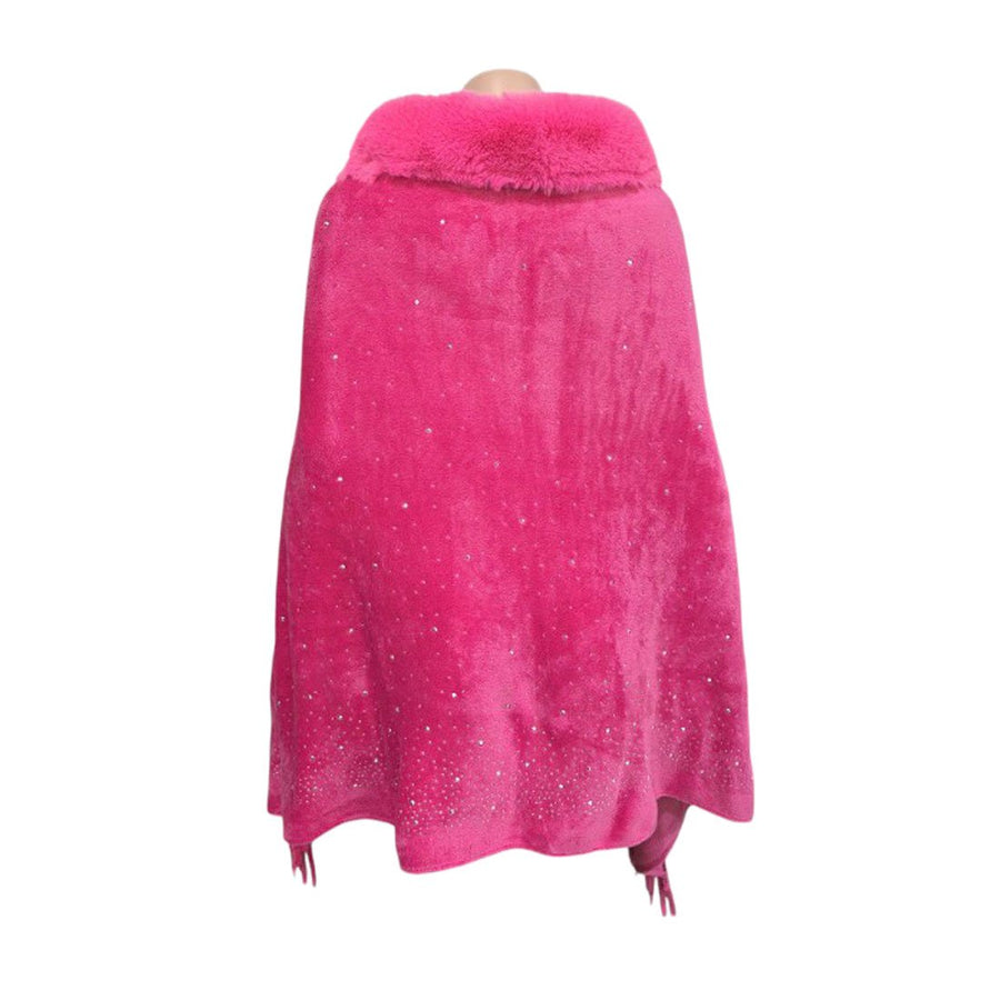 Burgundy Rhinestone Embellished Fringe Faux Fur Poncho Wrap