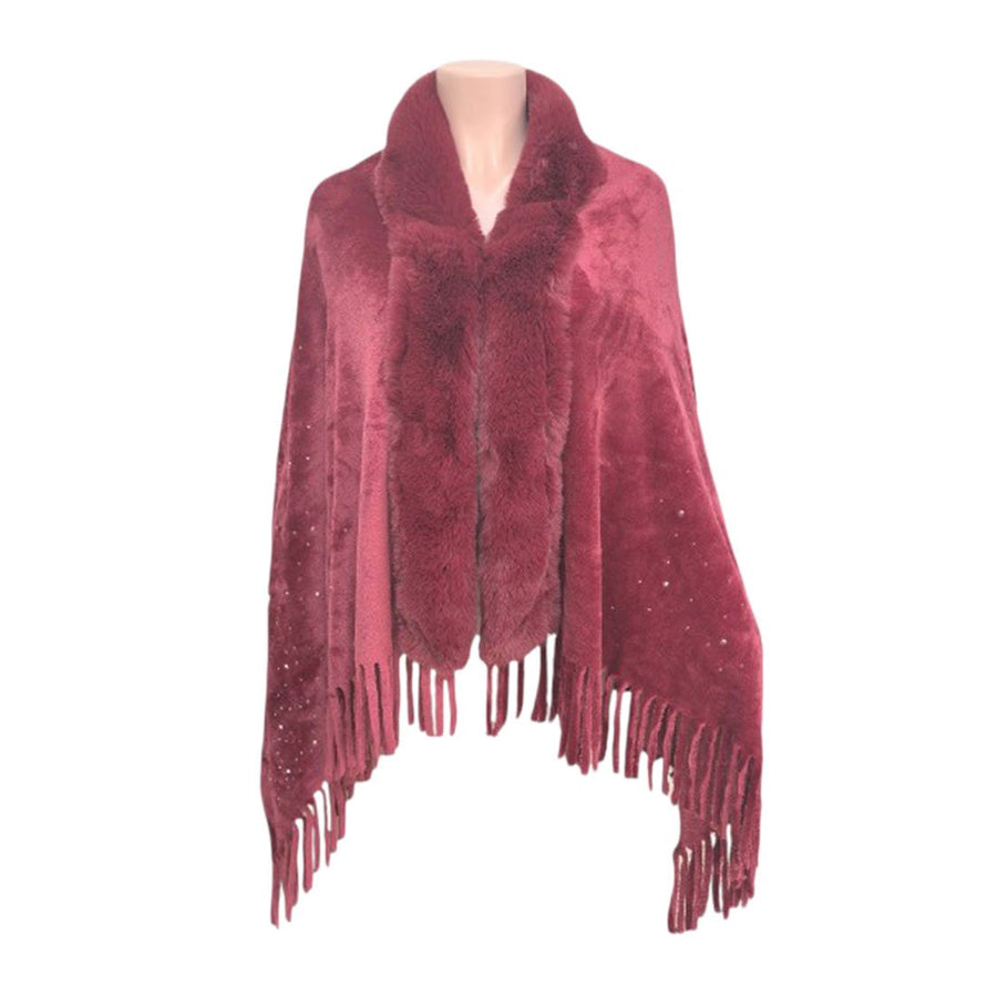 Burgundy Rhinestone Embellished Fringe Faux Fur Poncho Wrap