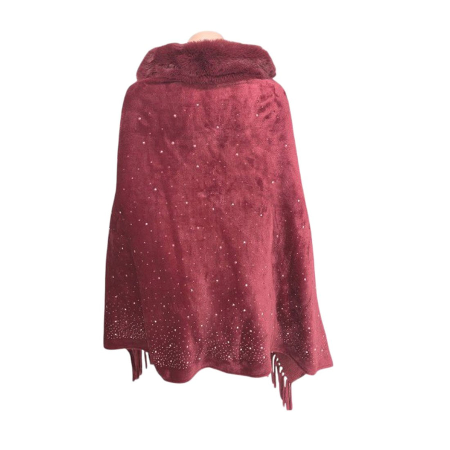 Burgundy Rhinestone Embellished Fringe Faux Fur Poncho Wrap