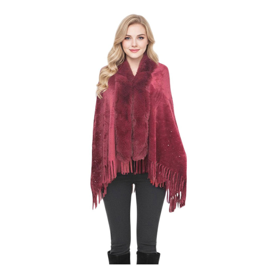 Burgundy Rhinestone Embellished Fringe Faux Fur Poncho Wrap