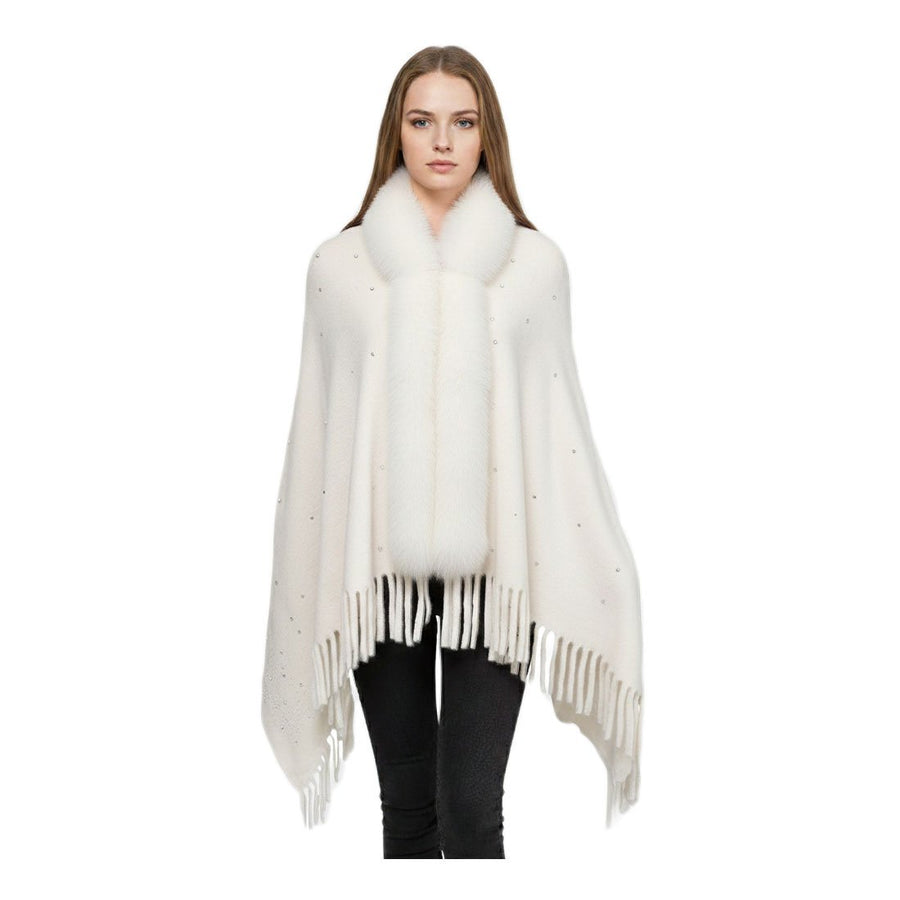 Burgundy Rhinestone Embellished Fringe Faux Fur Poncho Wrap
