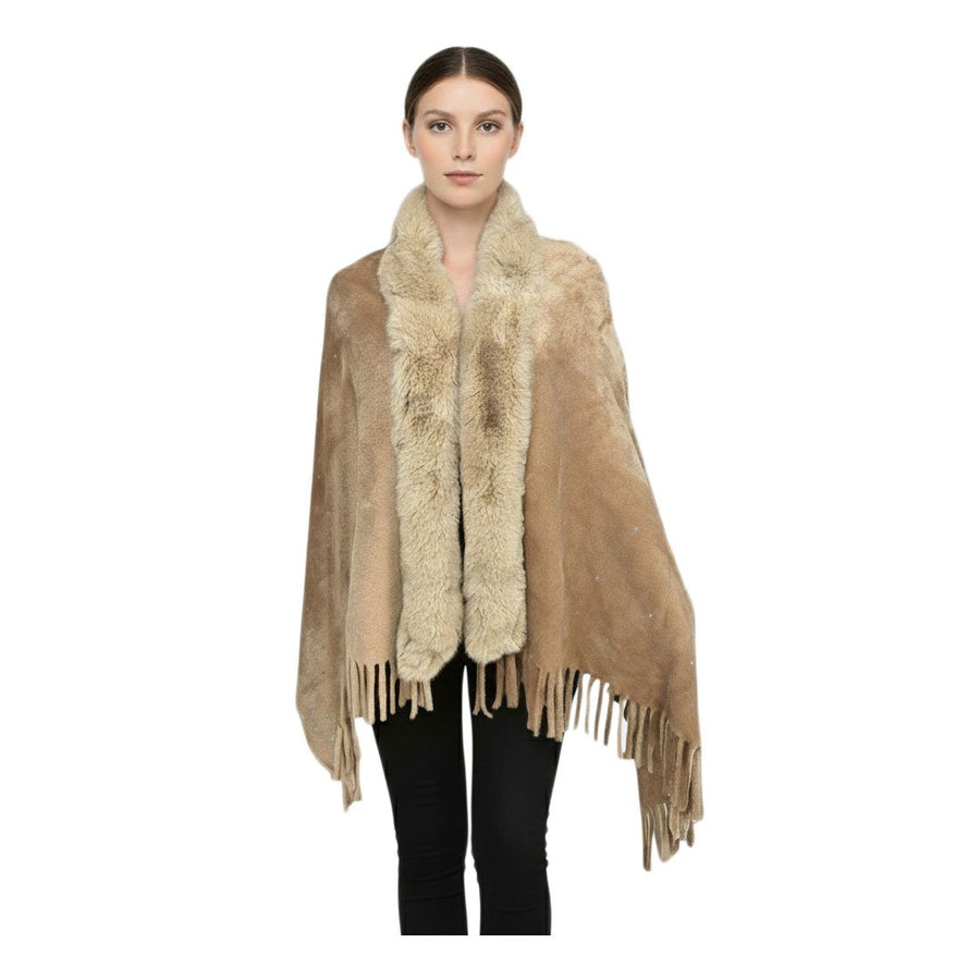Burgundy Rhinestone Embellished Fringe Faux Fur Poncho Wrap