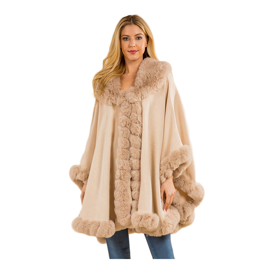 Luxurious Pink Faux Fur Trim Flowing Shawl Cape Poncho