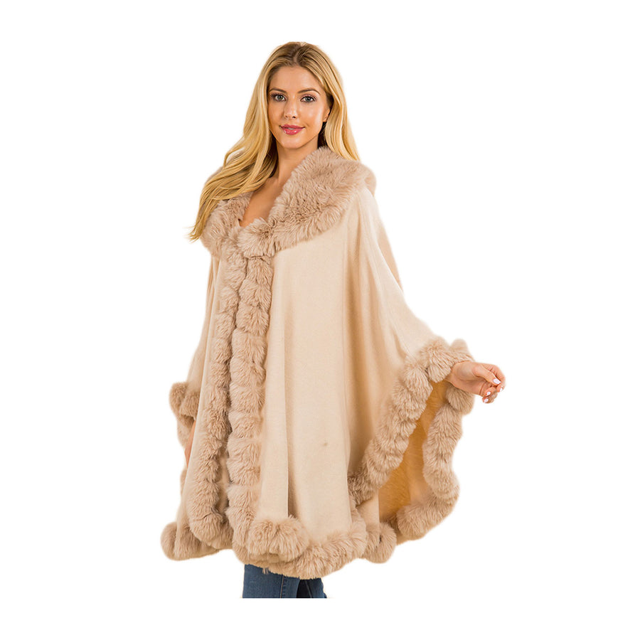 Luxurious Pink Faux Fur Trim Flowing Shawl Cape Poncho