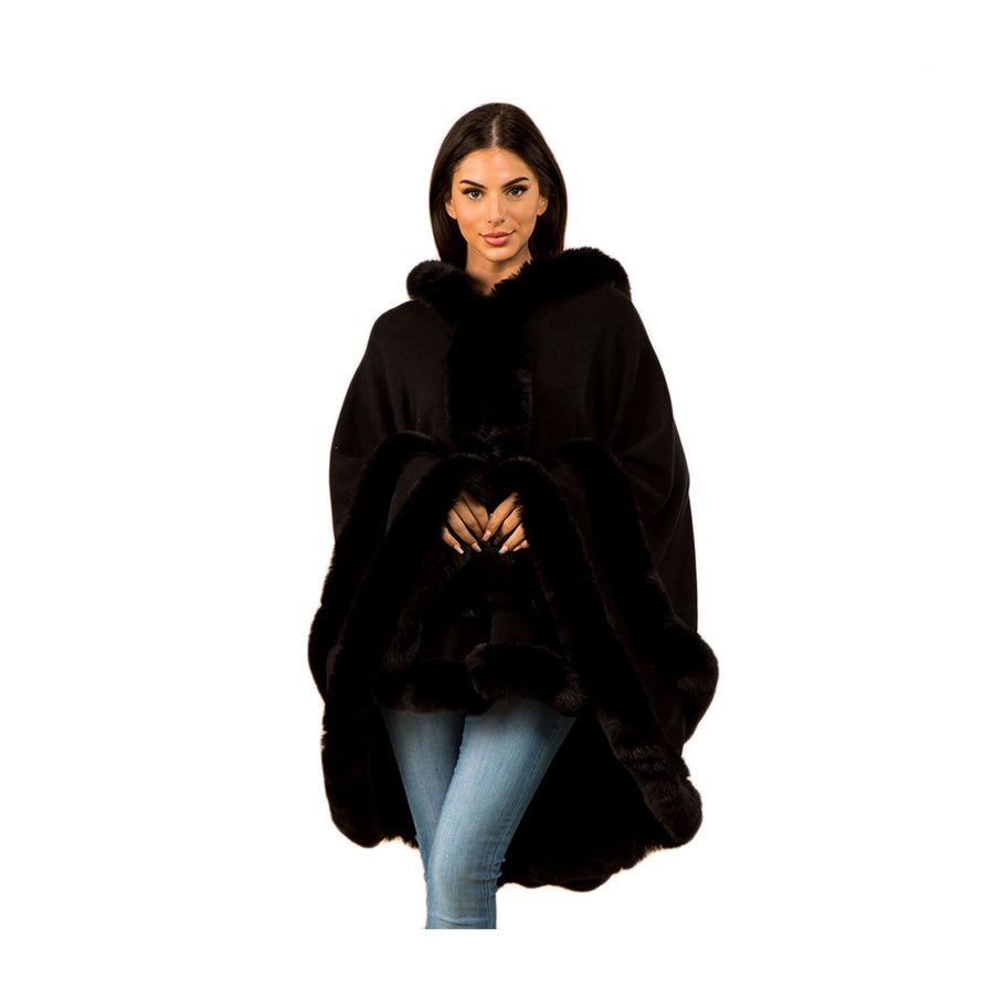 Luxurious Burgundy Faux Fur Trim Hooded Cape Poncho