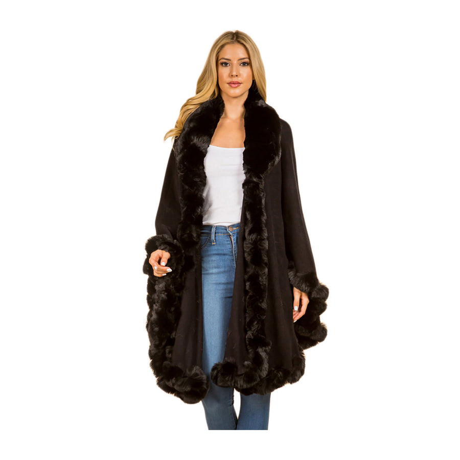 Luxurious Pink Faux Fur Trim Flowing Shawl Cape Poncho