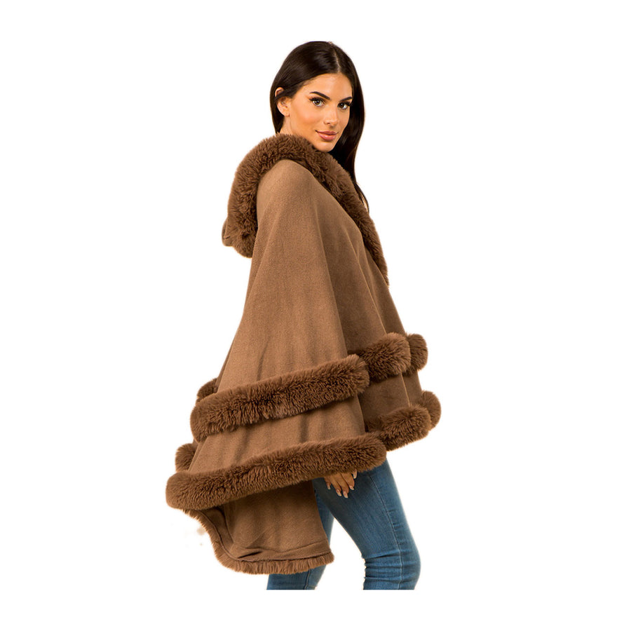 Luxurious Burgundy Faux Fur Trim Hooded Cape Poncho