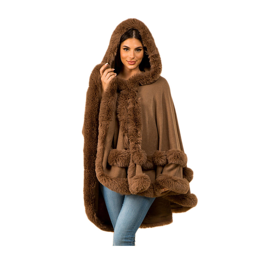 Luxurious Burgundy Faux Fur Trim Hooded Cape Poncho