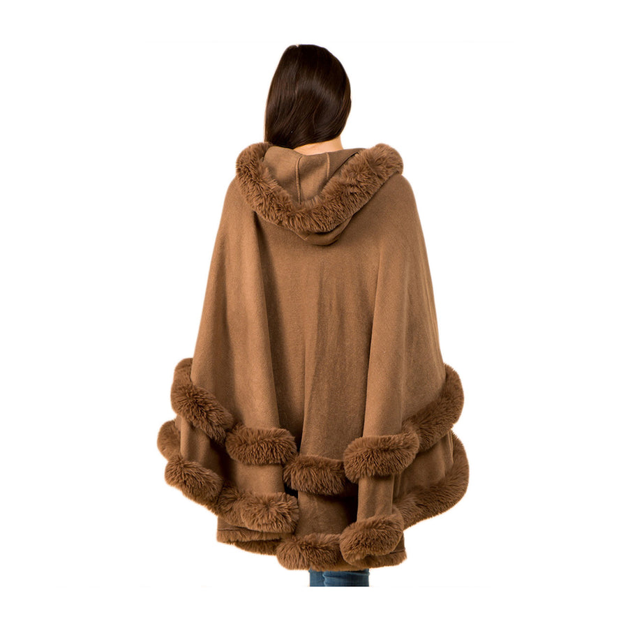 Luxurious Burgundy Faux Fur Trim Hooded Cape Poncho