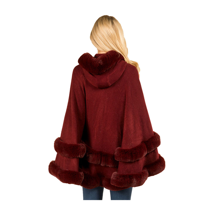 Luxurious Burgundy Faux Fur Trim Hooded Cape Poncho