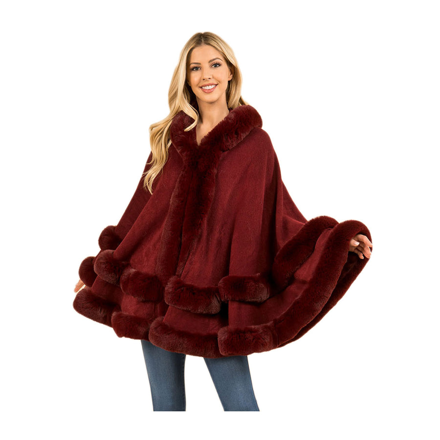 Luxurious Burgundy Faux Fur Trim Hooded Cape Poncho