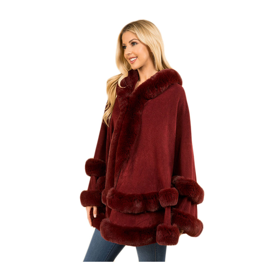 Luxurious Burgundy Faux Fur Trim Hooded Cape Poncho