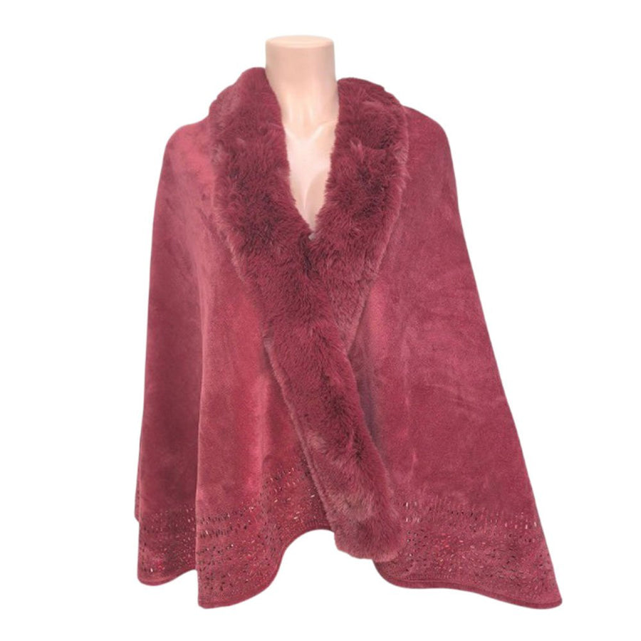 Khaki Faux Fur Trim Rhinestone Embellished Hem Poncho Shawl