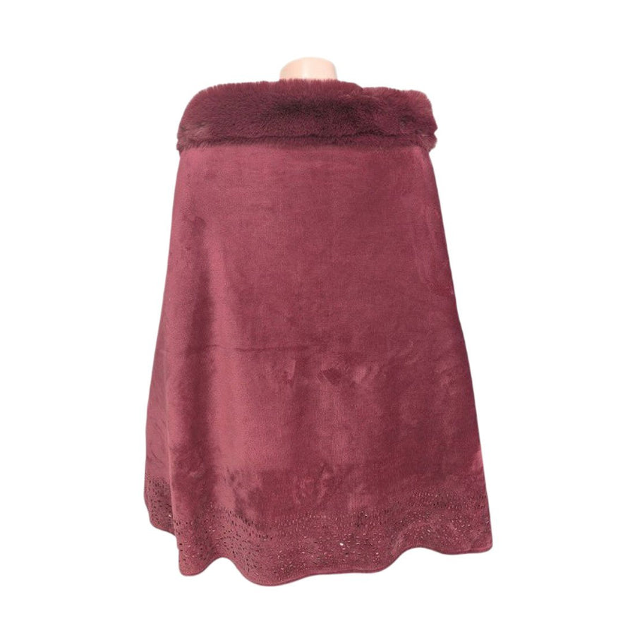 Khaki Faux Fur Trim Rhinestone Embellished Hem Poncho Shawl