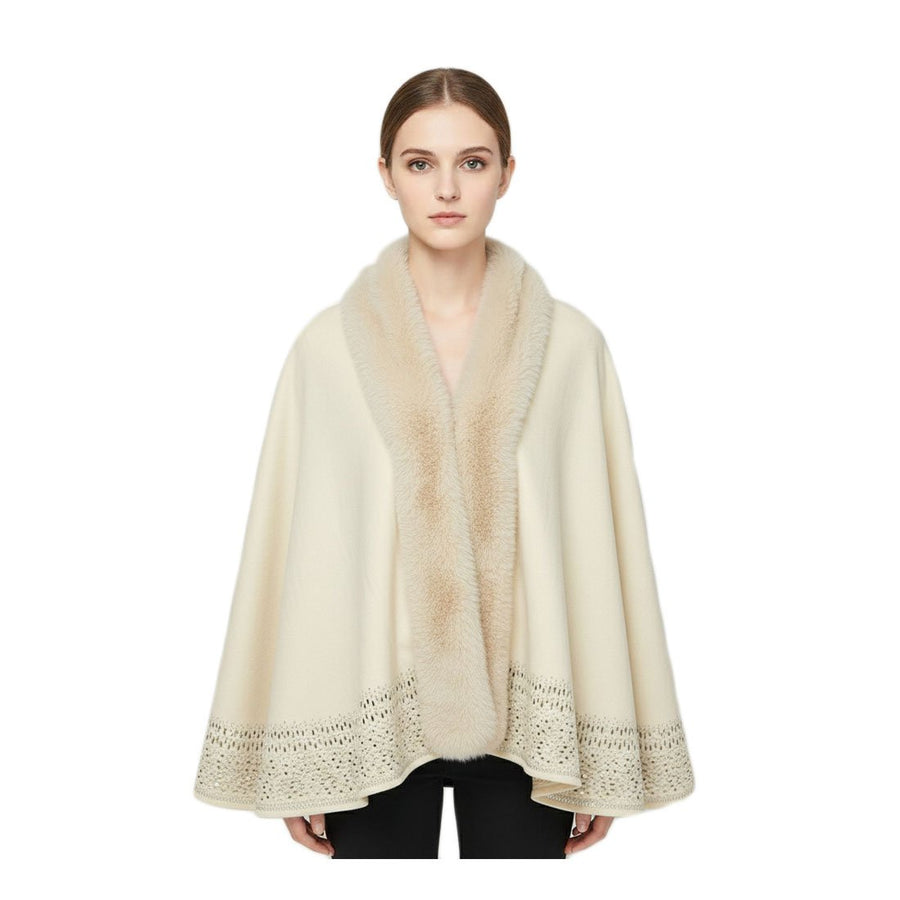 Khaki Faux Fur Trim Rhinestone Embellished Hem Poncho Shawl