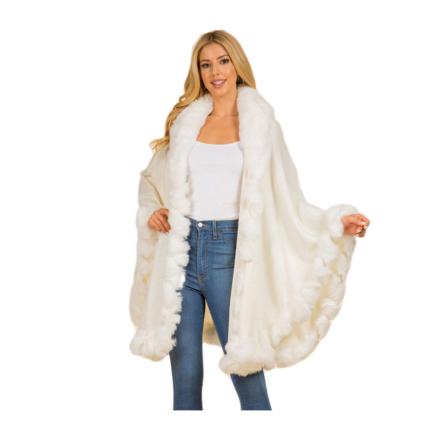 Luxurious Pink Faux Fur Trim Flowing Shawl Cape Poncho