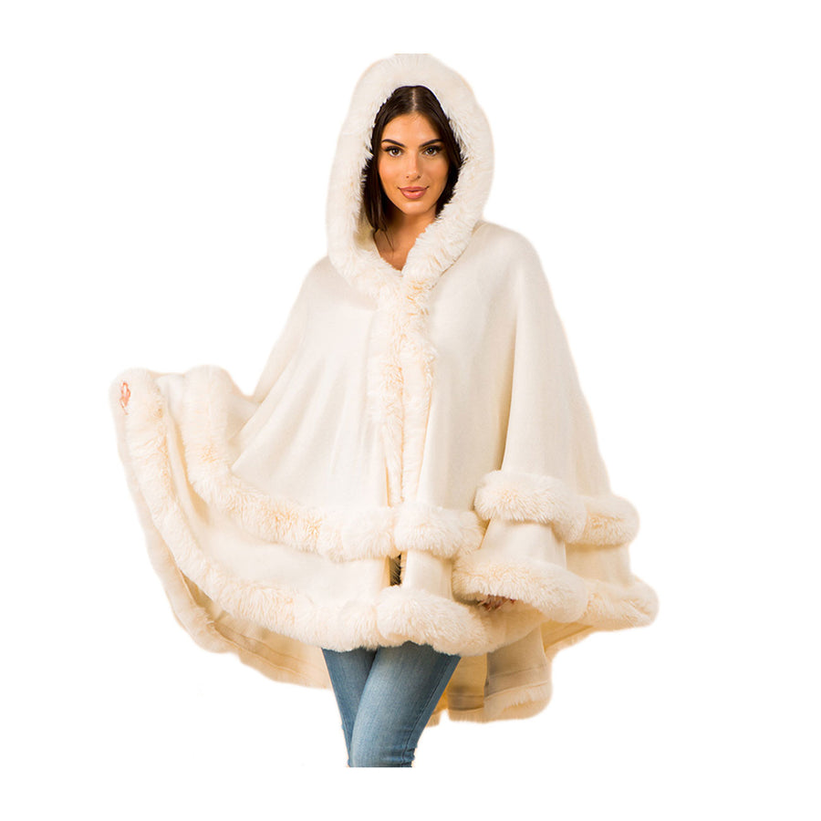 Luxurious Burgundy Faux Fur Trim Hooded Cape Poncho