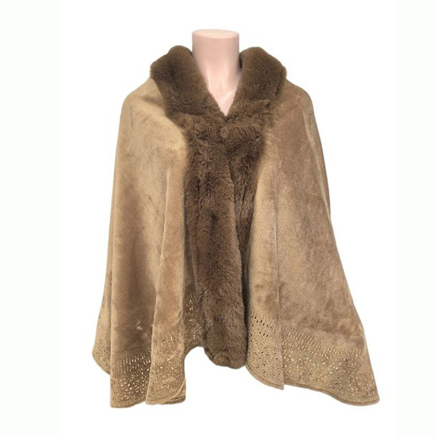 Khaki Faux Fur Trim Rhinestone Embellished Hem Poncho Shawl