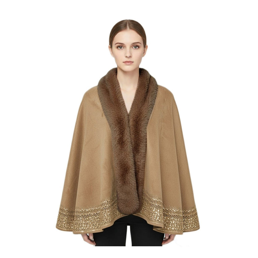Khaki Faux Fur Trim Rhinestone Embellished Hem Poncho Shawl