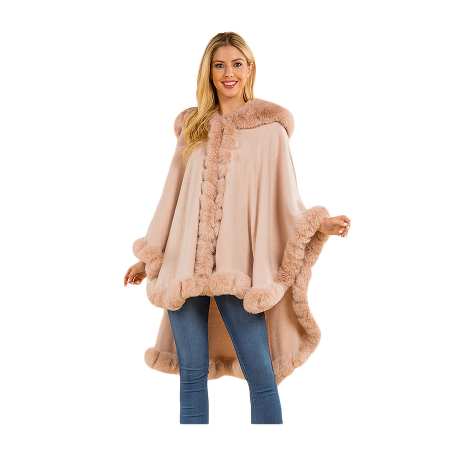 Luxurious Pink Faux Fur Trim Flowing Shawl Cape Poncho