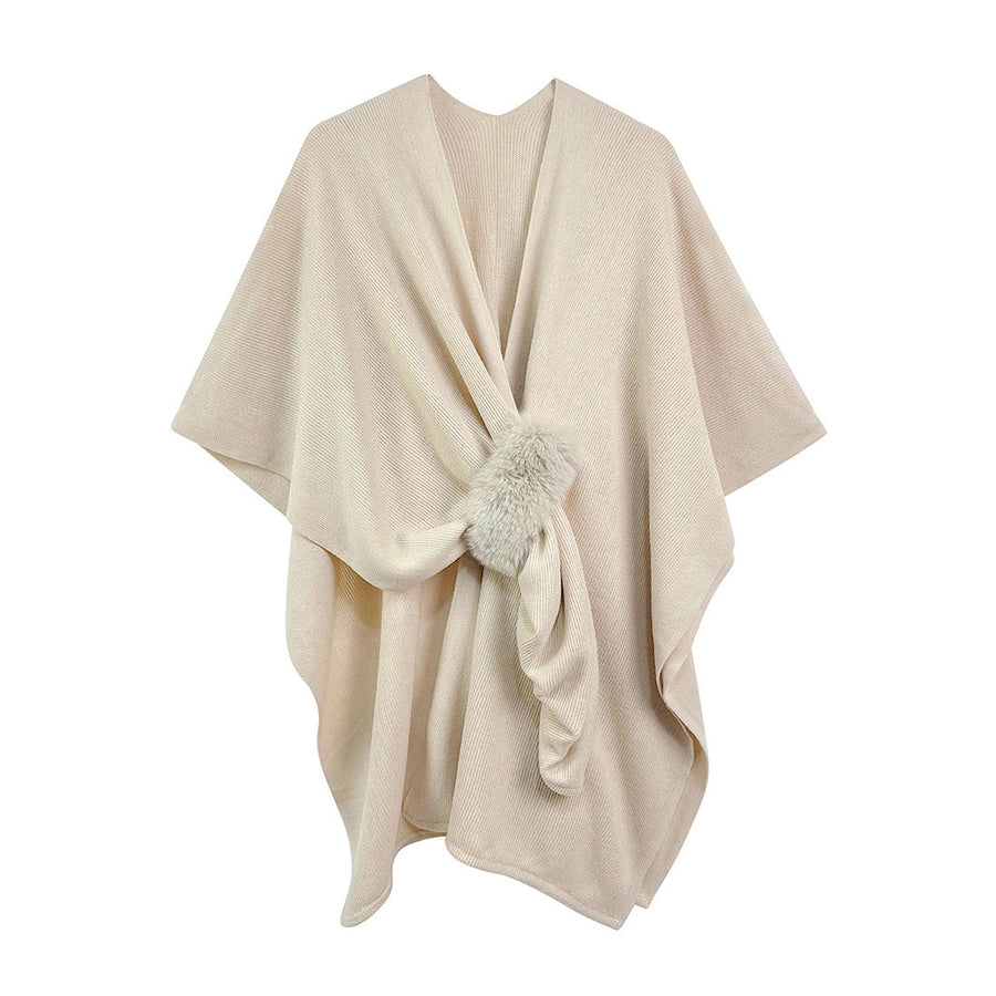 Fuchsia Furry Strap Trim Solid Knit Ruana Poncho
